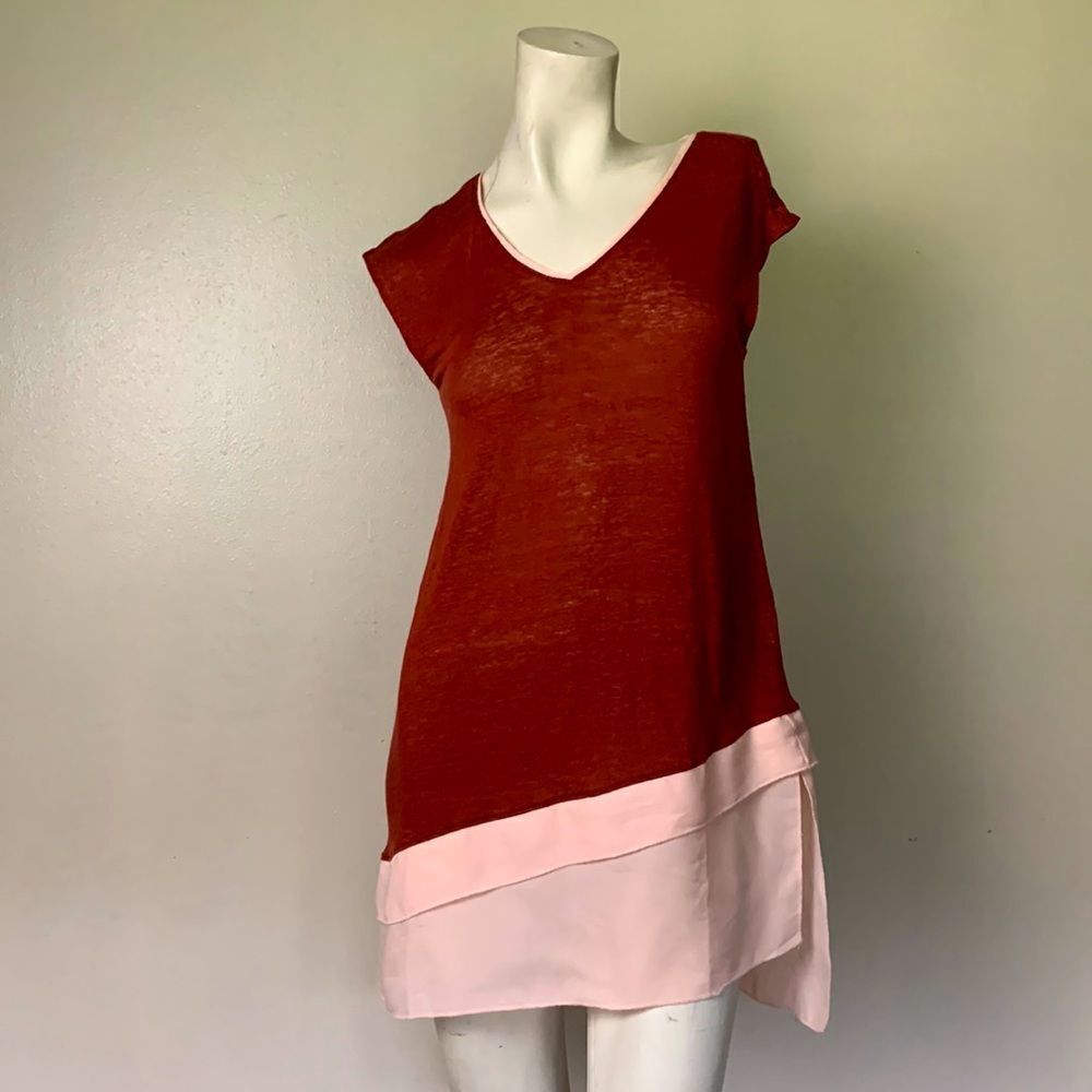 Deletta Anthropologie Slope Tunic Top Linen Burnt Orange Pink Asymmetric Hem XS